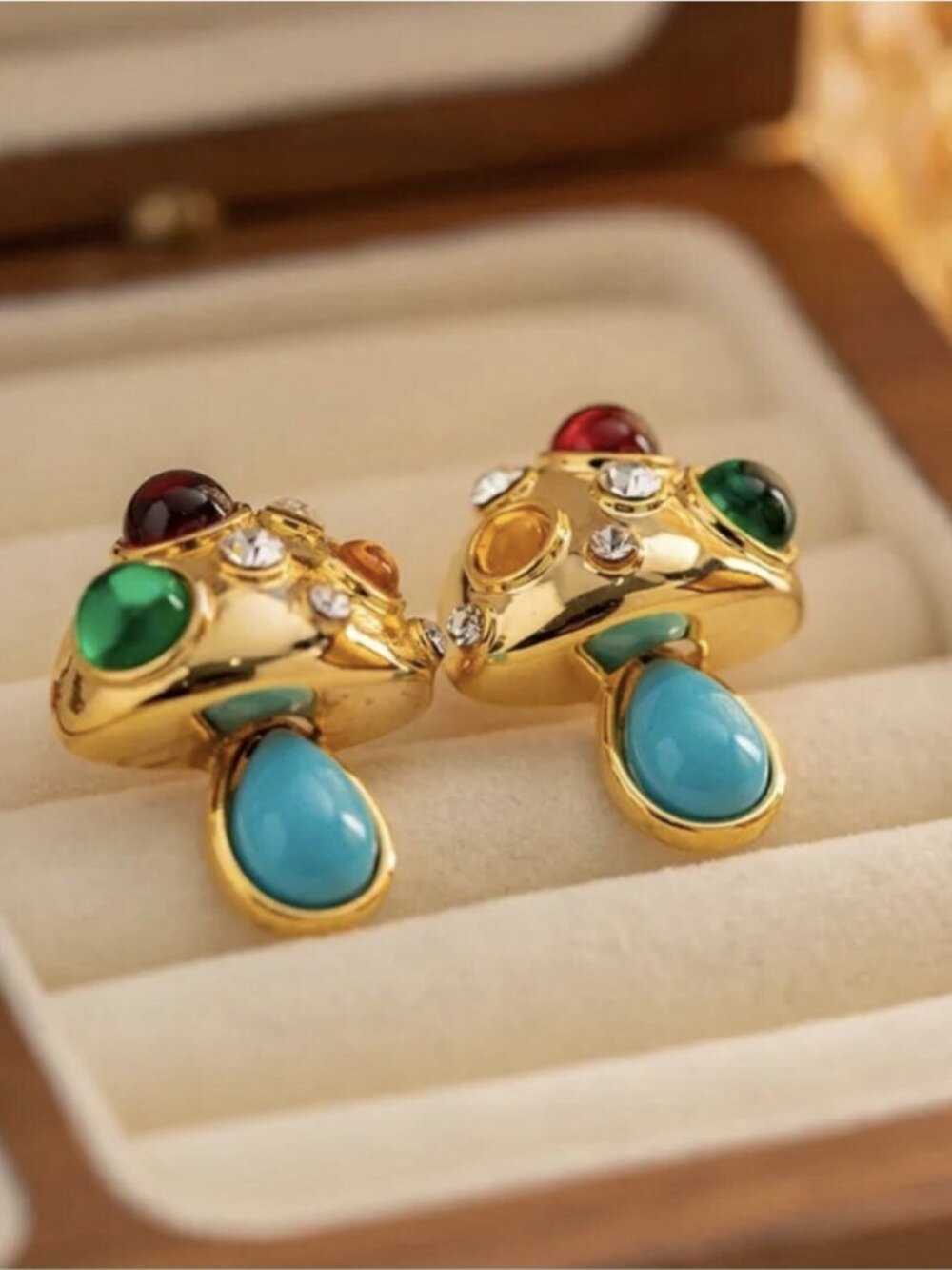 Whimsical Brushed Gold and Blue Enamel Jewelled Mushroom Earrings